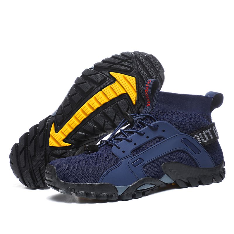 Men's Fashion Outdoor Hiking & Trekking Shoes Big Size 38-48 High Quality Elastic Fabric+Microfiber Leather Breathable Climbing Mountain Sneakers Blue