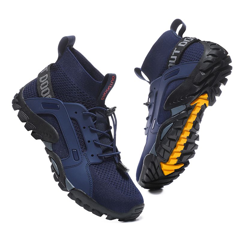 Men's Fashion Outdoor Hiking & Trekking Shoes Big Size 38-48 High Quality Elastic Fabric+Microfiber Leather Breathable Climbing Mountain Sneakers Blue