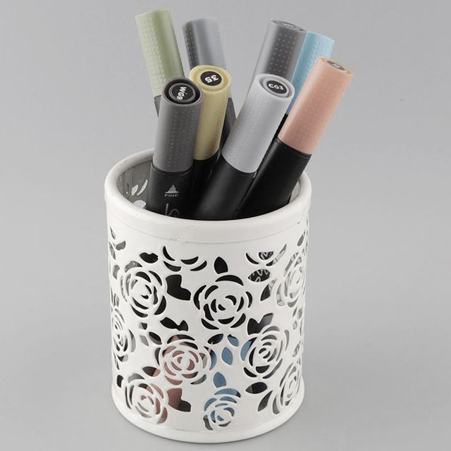 Metal Hollow Rose Flower Cylinder Pen Pencil Pot Holder