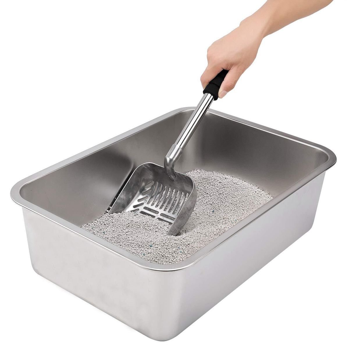 Metal Litter Scoop With Deep Shovel And Long Handle Detachable Stainless Steel Non-Stick Litter Sifter With Foam Padded Grip Handle No Bending Back Heavy Duty