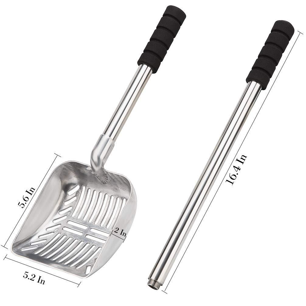 Metal Litter Scoop With Deep Shovel And Long Handle Detachable Stainless Steel Non-Stick Litter Sifter With Foam Padded Grip Handle No Bending Back Heavy Duty