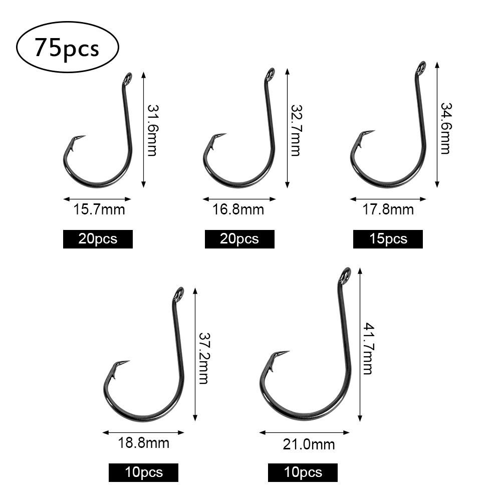 75pcs/box Offset Circle Hooks Assortment High Carbon Steel Fishing Hooks