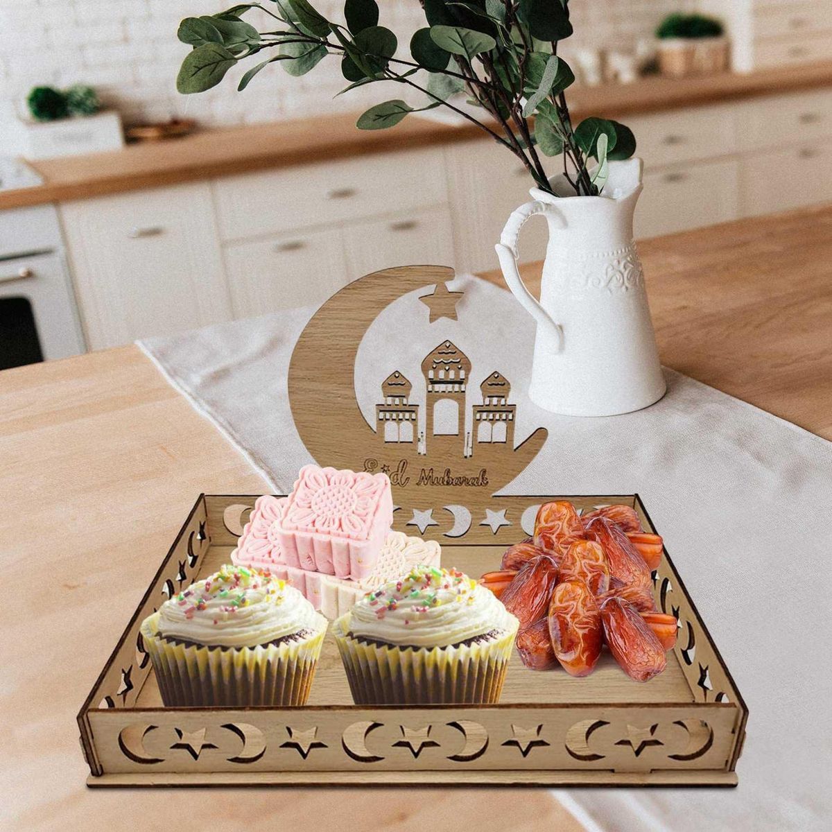 Wooden Eid Mubarak Food Tray Ramadan Decoration C