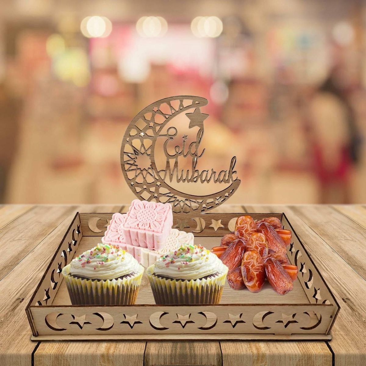 Wooden Eid Mubarak Food Tray Ramadan Decoration C