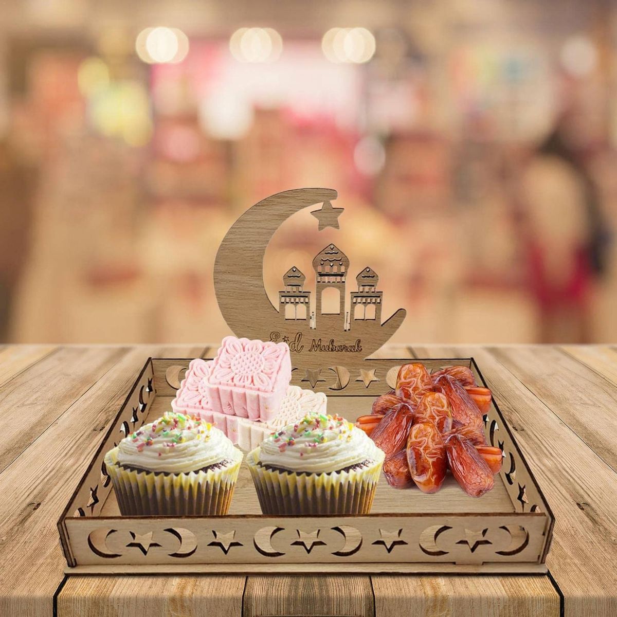 Wooden Eid Mubarak Food Tray Ramadan Decoration C