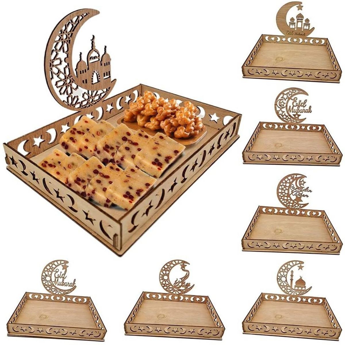 Wooden Eid Mubarak Food Tray Ramadan Decoration C