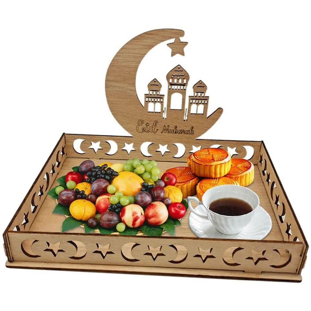 Wooden Eid Mubarak Food Tray Ramadan Decoration C