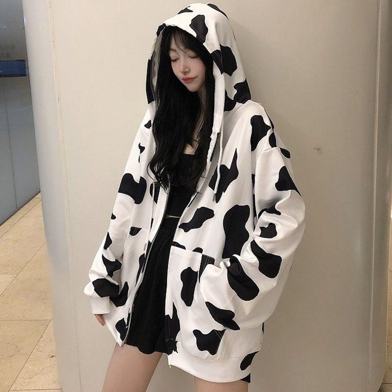 Cow Coat Women's Thin 2022 New Spring and Autumn Zipper Loose Sports Salt Series Cardigan Hooded Ins Sweater Fashion