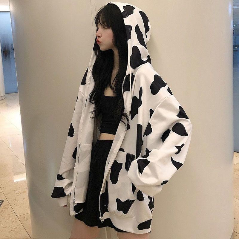 Cow Coat Women's Thin 2022 New Spring and Autumn Zipper Loose Sports Salt Series Cardigan Hooded Ins Sweater Fashion