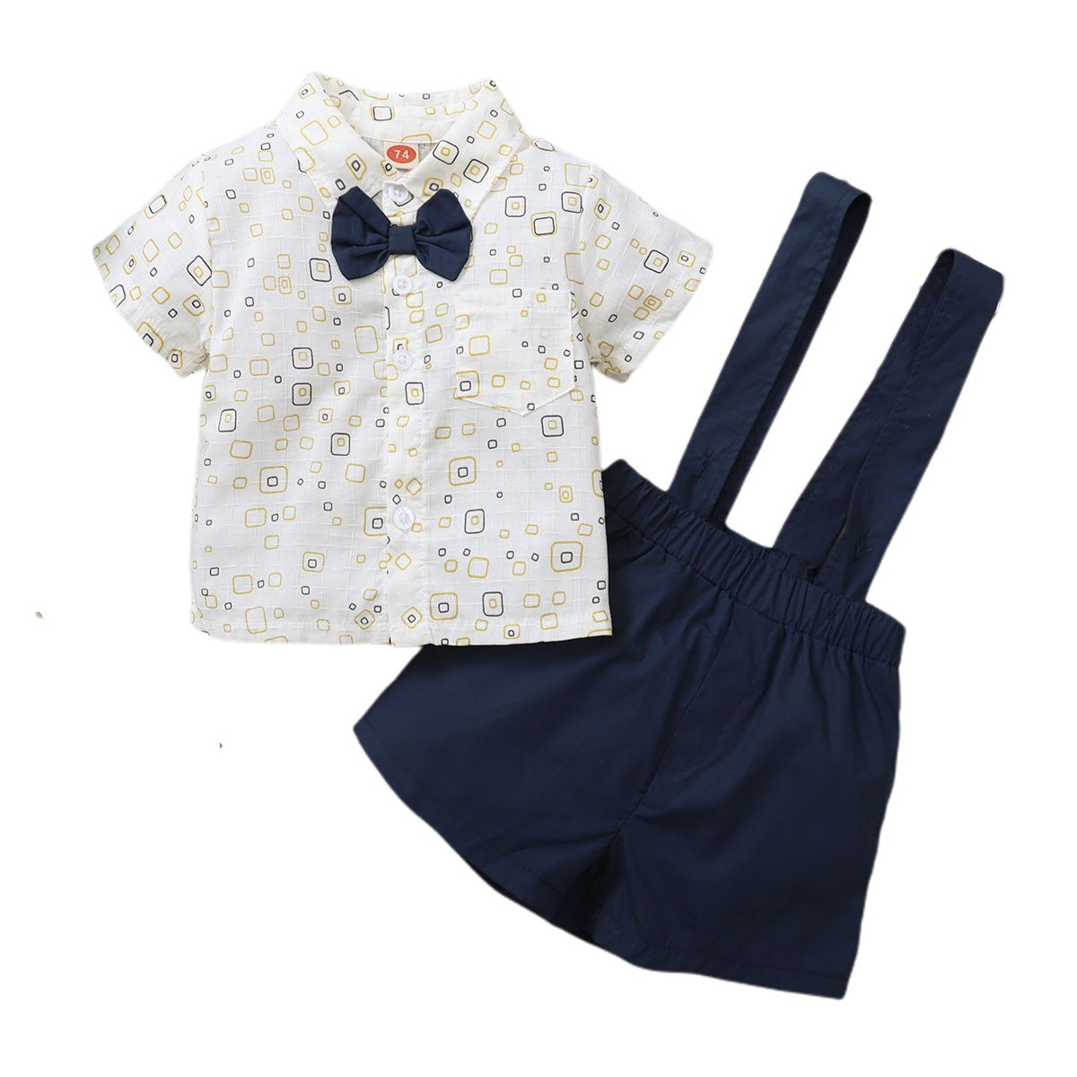 Mini Gentleman Baby Boys Digital Print Short Sleeves Shirt With Overalls
