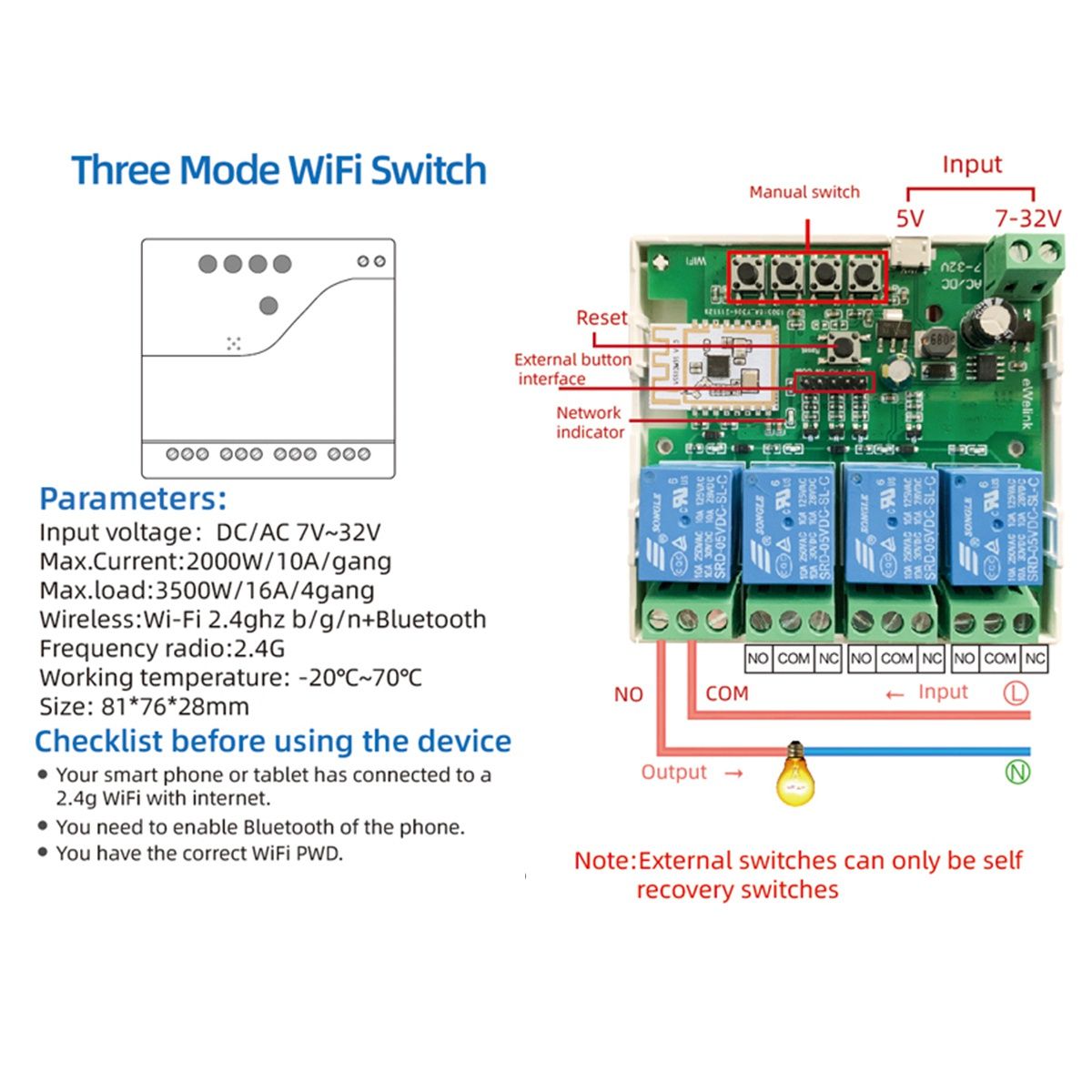 Smart WiFi Bluetooth Switch Relay Module+Remote 7-32V on