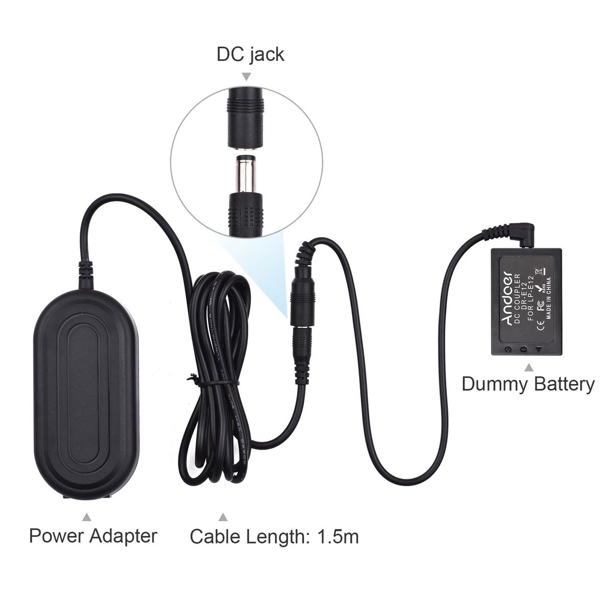 Andoer DR-E12 Dummy Battery AC Power Adapter Camera Power Supply with Power Plug Replacement for Canon EOS M100 M M2 M10 M50