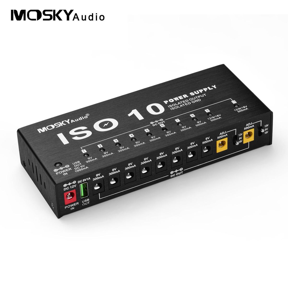 MOSKYAudio ISO-10 Portable Guitar Effect Power Supply Station 10 Isolated DC Outputs & One 5V USB Output for 9V 12V 18V Guitar Effects