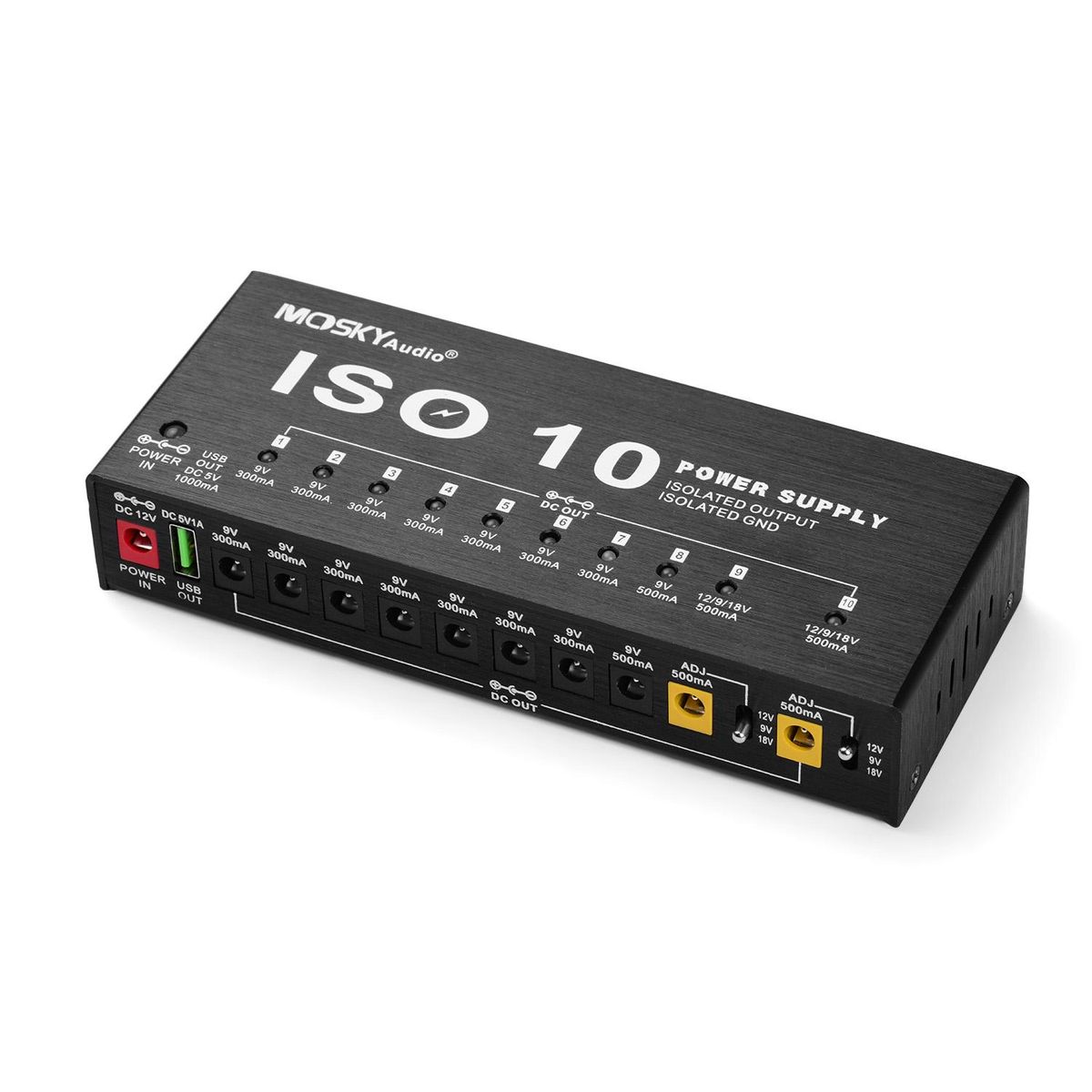 MOSKYAudio ISO-10 Portable Guitar Effect Power Supply Station 10 Isolated DC Outputs & One 5V USB Output for 9V 12V 18V Guitar Effects