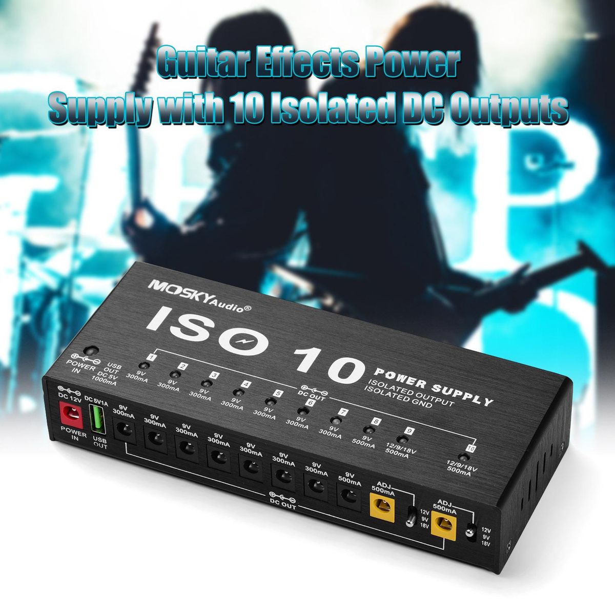MOSKYAudio ISO-10 Portable Guitar Effect Power Supply Station 10 Isolated DC Outputs & One 5V USB Output for 9V 12V 18V Guitar Effects