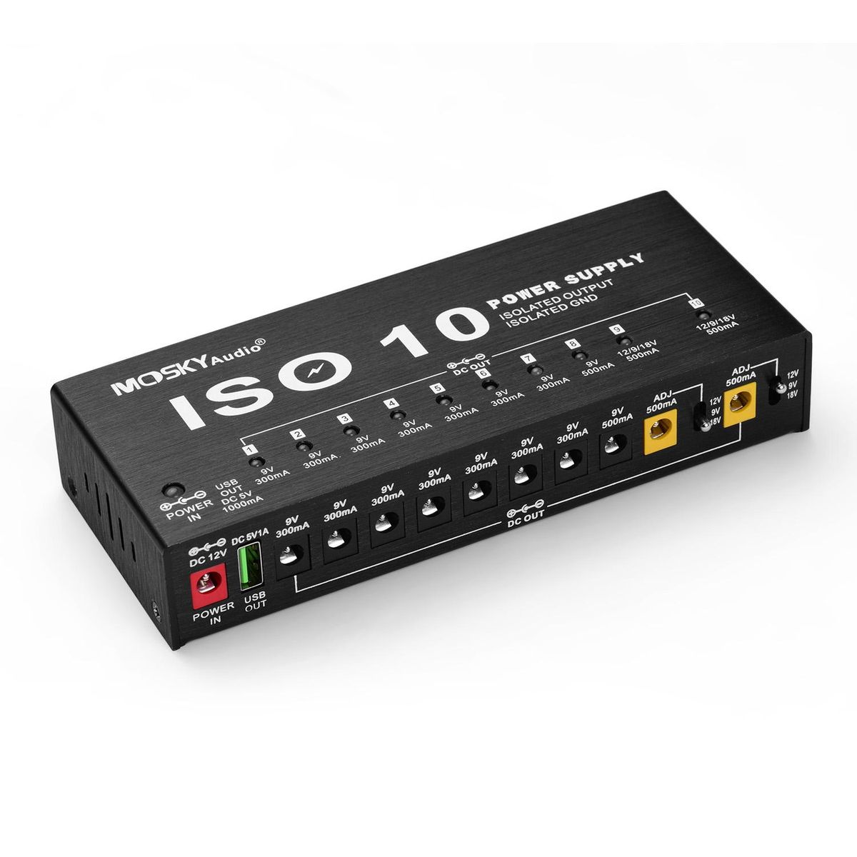 MOSKYAudio ISO-10 Portable Guitar Effect Power Supply Station 10 Isolated DC Outputs & One 5V USB Output for 9V 12V 18V Guitar Effects