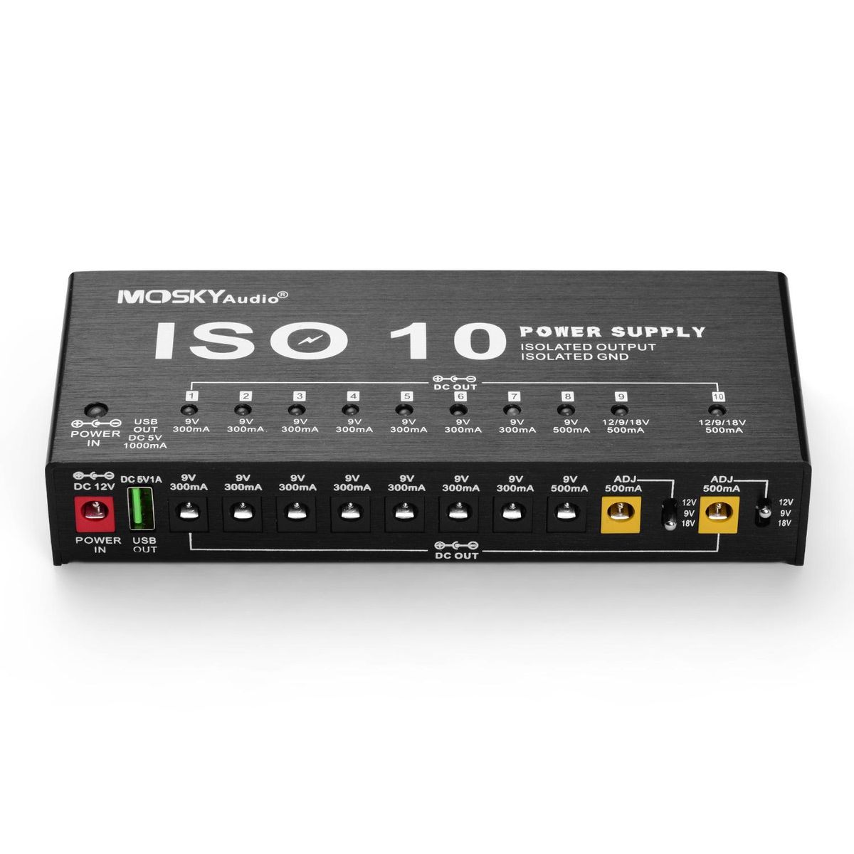 MOSKYAudio ISO-10 Portable Guitar Effect Power Supply Station 10 Isolated DC Outputs & One 5V USB Output for 9V 12V 18V Guitar Effects