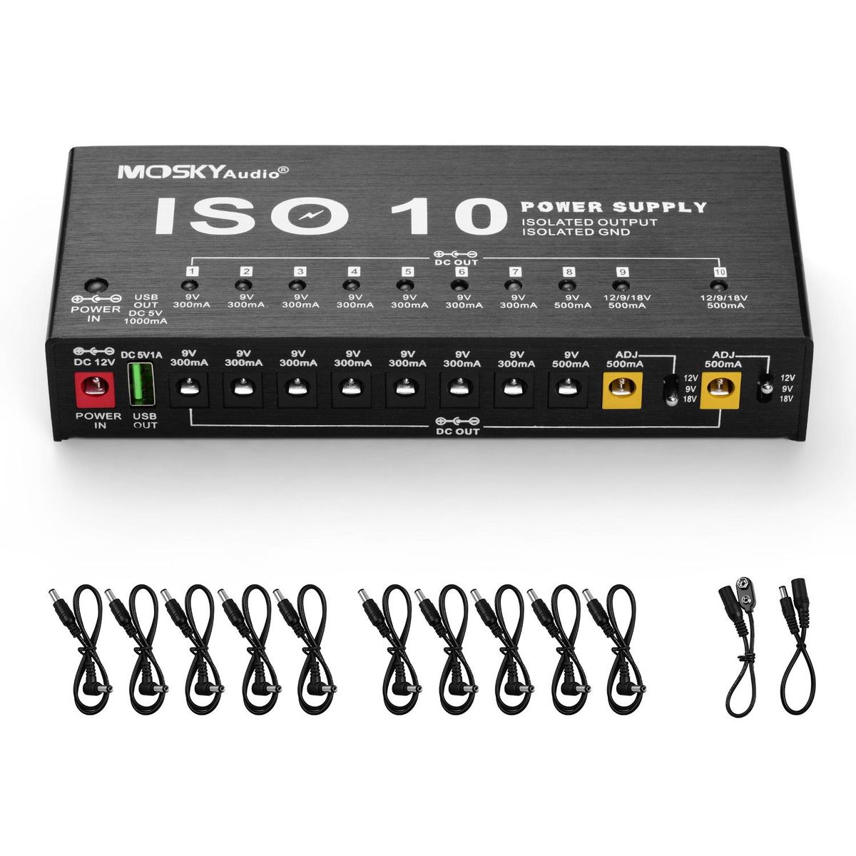 MOSKYAudio ISO-10 Portable Guitar Effect Power Supply Station 10 Isolated DC Outputs & One 5V USB Output for 9V 12V 18V Guitar Effects