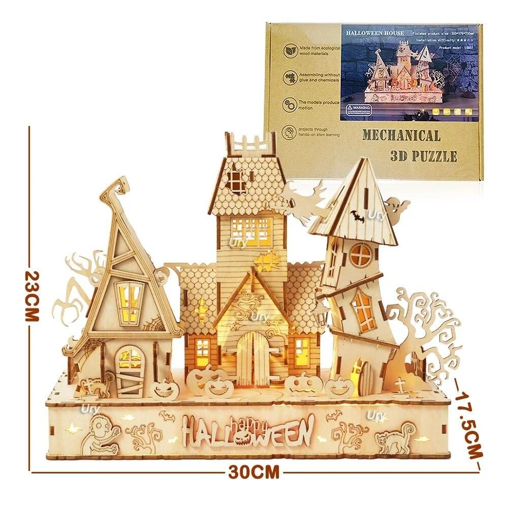URY New 3D Halloween Haunted House Wooden Puzzle Ghost Tree Light DIY Model Craft Kits Desk Decoration Toys Gift for Kids