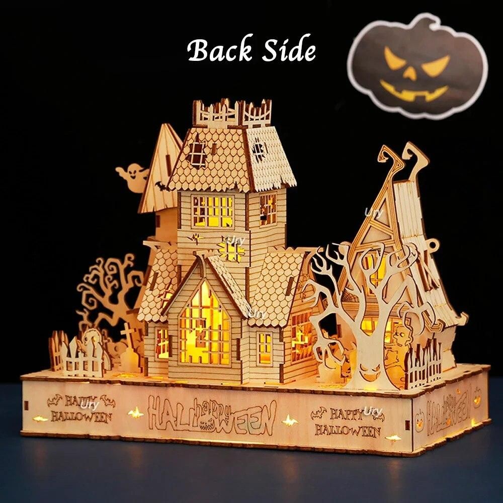 URY New 3D Halloween Haunted House Wooden Puzzle Ghost Tree Light DIY Model Craft Kits Desk Decoration Toys Gift for Kids
