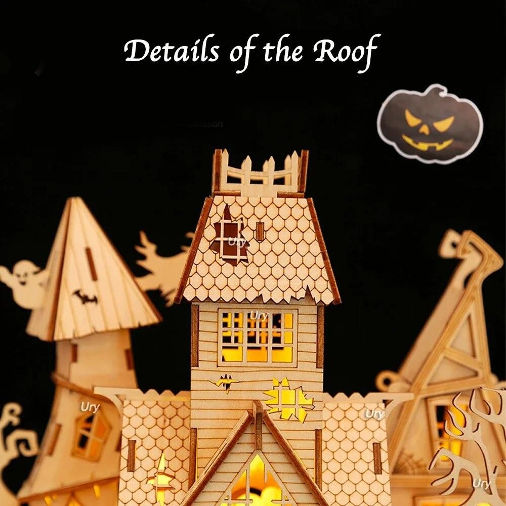 URY New 3D Halloween Haunted House Wooden Puzzle Ghost Tree Light DIY Model Craft Kits Desk Decoration Toys Gift for Kids