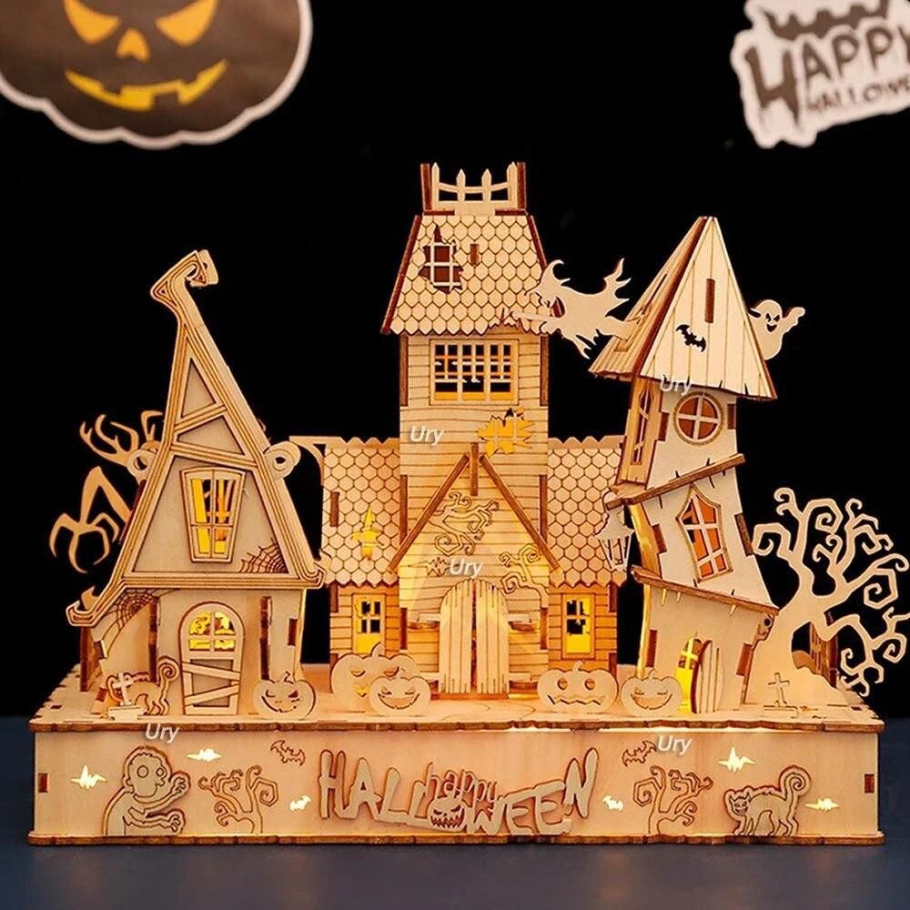 URY New 3D Halloween Haunted House Wooden Puzzle Ghost Tree Light DIY Model Craft Kits Desk Decoration Toys Gift for Kids