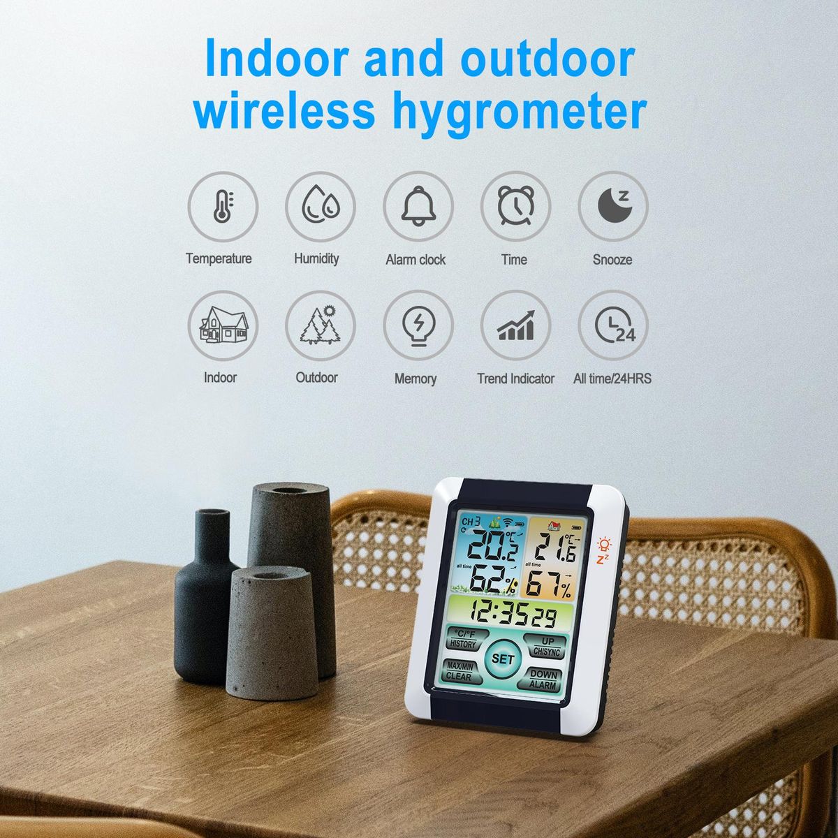 Wireless Indoor Outdoor Hygrometer Thermometer Temperature Humidity Display Monitor Digital Weather Forecast Station Clock Atomic Alarm Clock with Colorful Touchscreen Adjustable Backlight