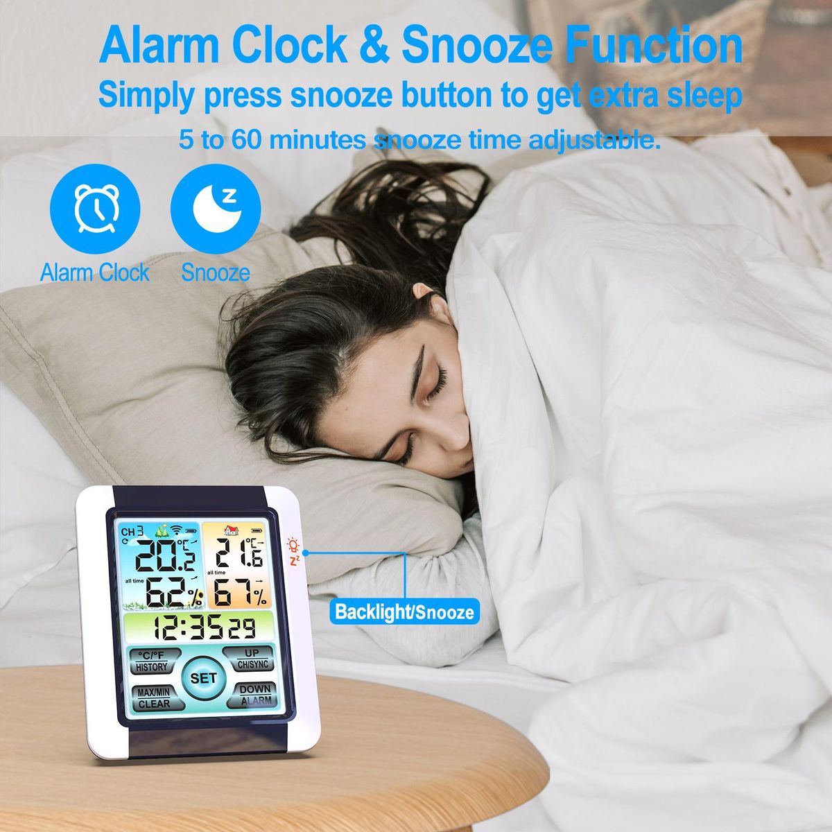 Wireless Indoor Outdoor Hygrometer Thermometer Temperature Humidity Display Monitor Digital Weather Forecast Station Clock Atomic Alarm Clock with Colorful Touchscreen Adjustable Backlight