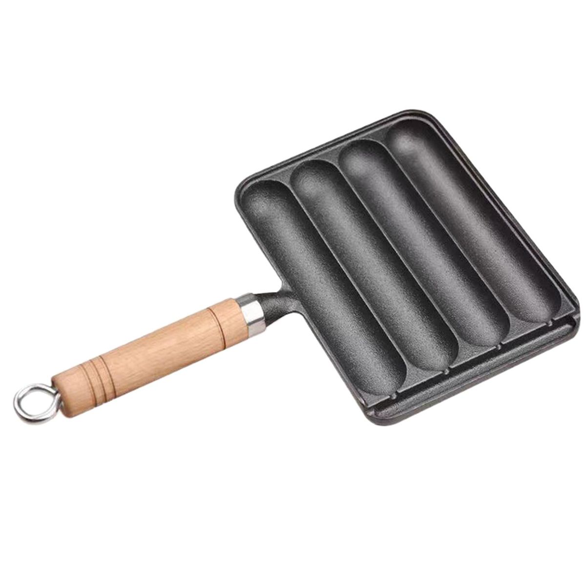 Cast Iron Sausage Pot Wooden Handle Cast Iron Sausage Pan for Grilled Black