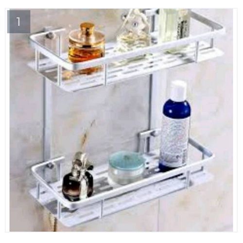 Double Layers Aluminum Wall Mounted Storage Shelf Rack With 2 Hanging Hooks Bathroom