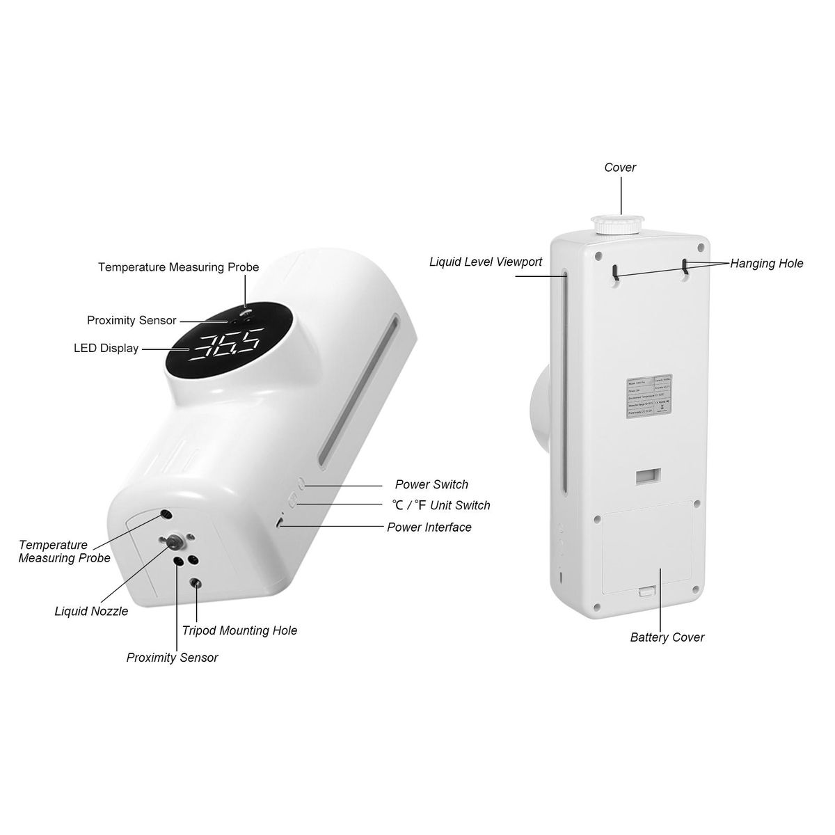 1000ml Wall Mounted Automatic Soap Dispenser Hand Sanitizer Dispenser Non-contact Infrared Thermometer with 18 Languages Voice Broadcast  °C / °F Unit Switch for Home Hotel School Office Use