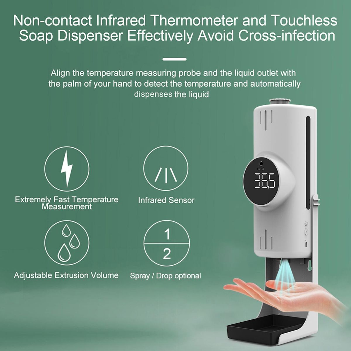 1000ml Wall Mounted Automatic Soap Dispenser Hand Sanitizer Dispenser Non-contact Infrared Thermometer with 18 Languages Voice Broadcast  °C / °F Unit Switch for Home Hotel School Office Use