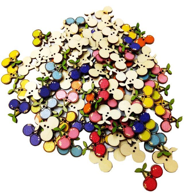 100pcs Assorted Cherry Wood Buttons 2 Holes Flat Embellishments For