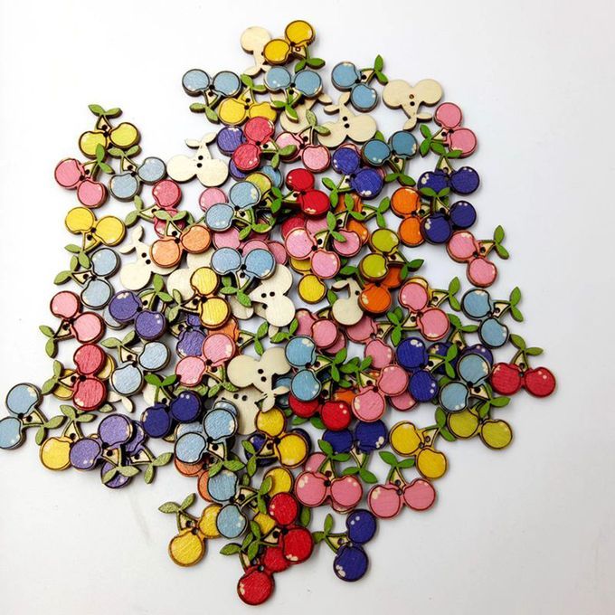 100pcs Assorted Cherry Wood Buttons 2 Holes Flat Embellishments For