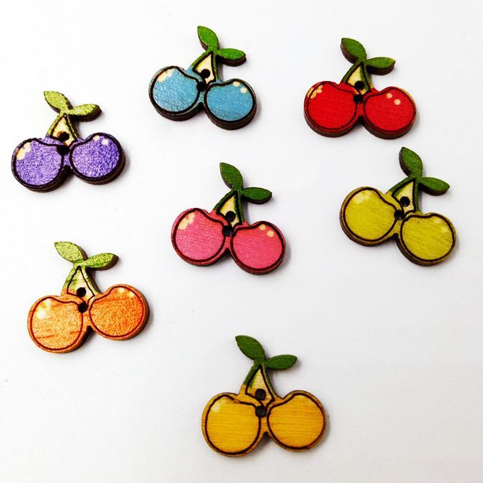 100pcs Assorted Cherry Wood Buttons 2 Holes Flat Embellishments For