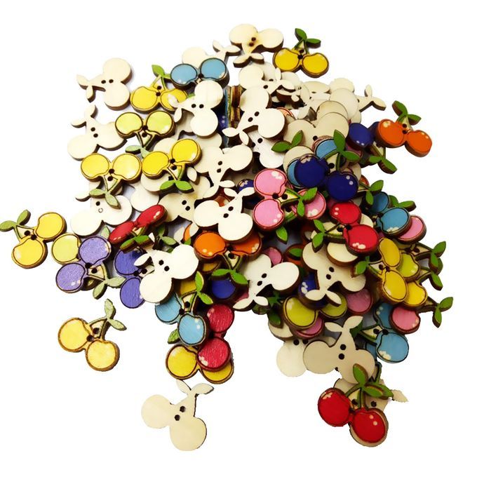 100pcs Assorted Cherry Wood Buttons 2 Holes Flat Embellishments For