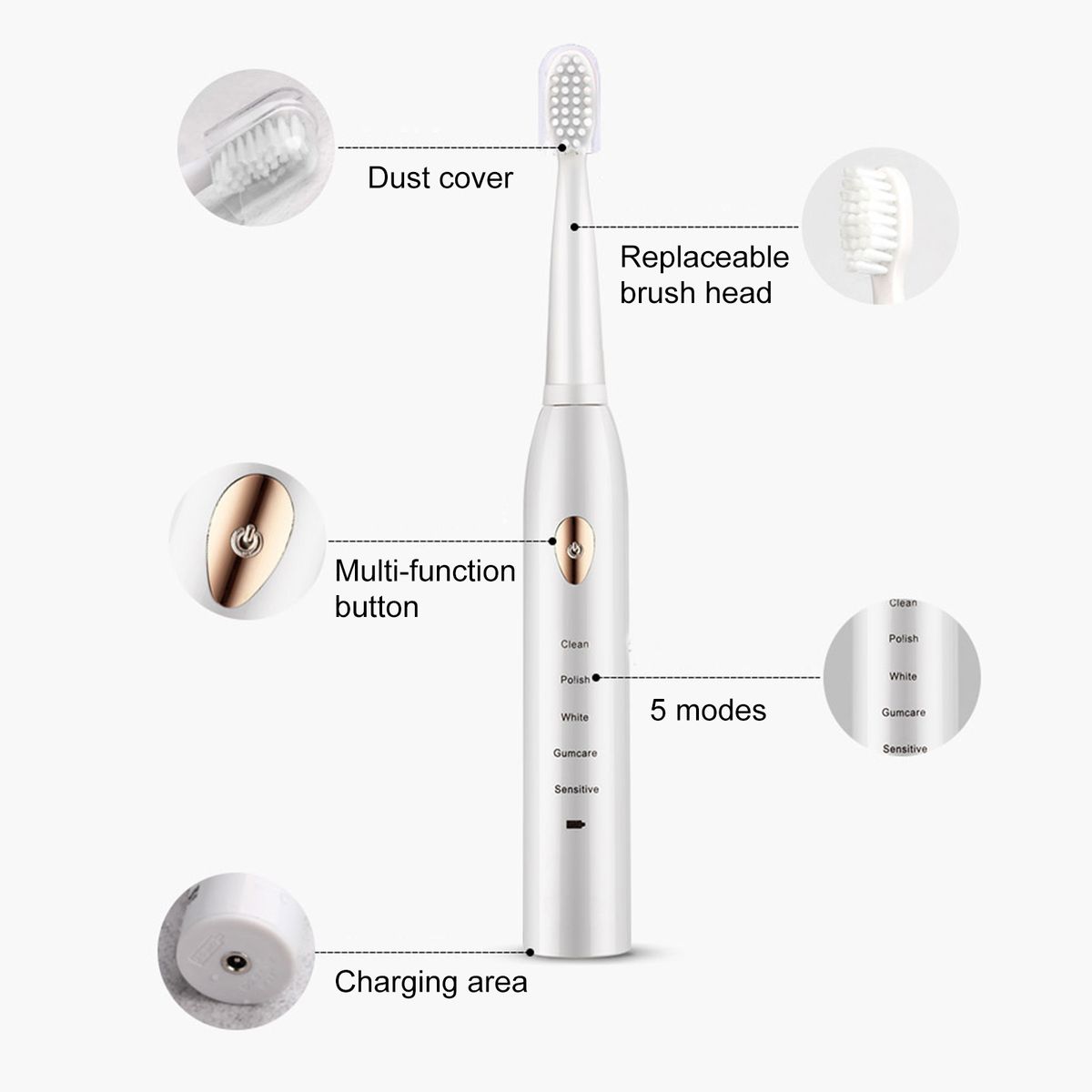 New Sonic Electric Toothbrush Vibration 5 Gear Usb