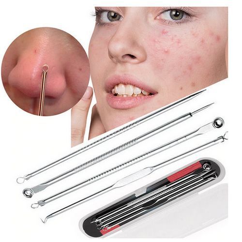 Cool 4pcs Stainless Steel Facial Acne Blackhead Remover Needles Kit Extractor Tool Set