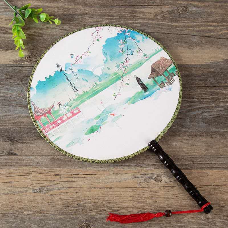 Handle Costume Round Printed Fan Large Antique Dance Chinese Double Decorative Silk Circle Hand Fan Big 24cm Ladies Fan