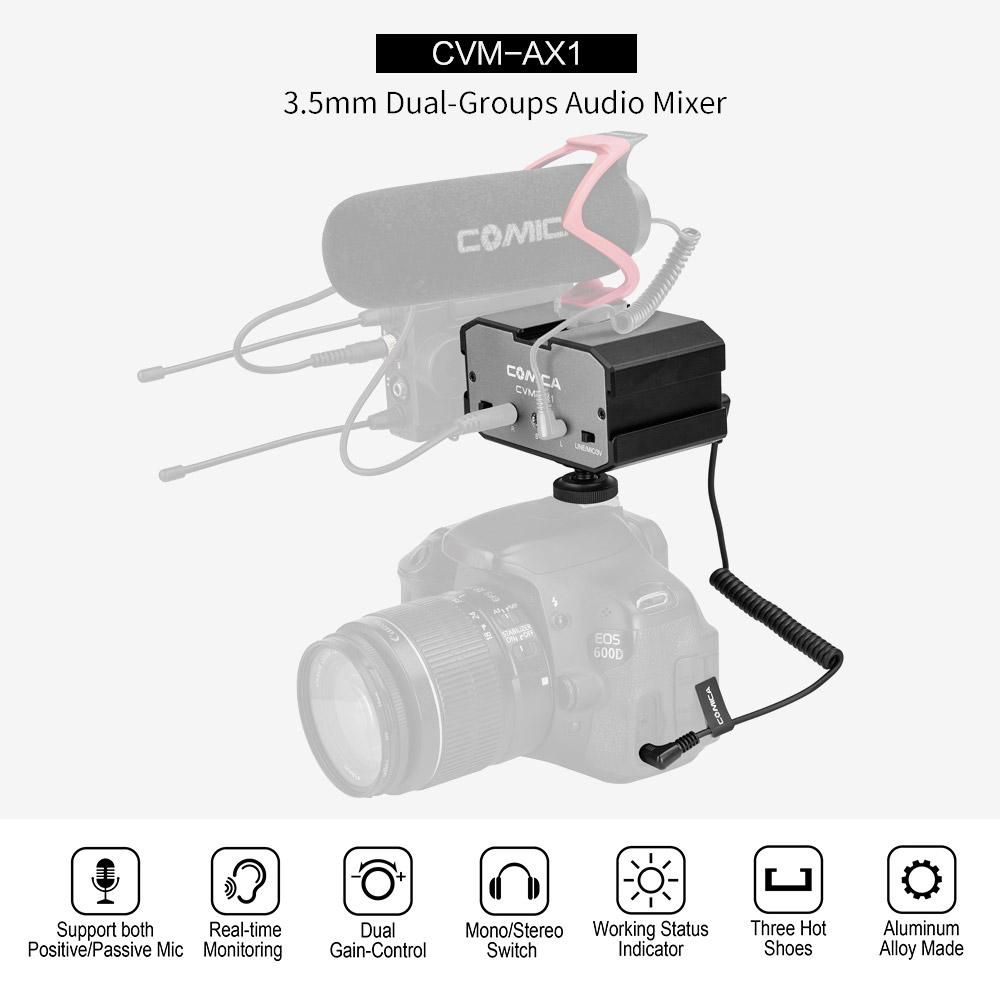CoMica CVM-AX1 Audio Mixer Adapter Universal Dual Channel 3.5mm Port Mixer Support Real-time Monitoring Mono/Stereo Output Switch for DSLR Camera Camcorder for 3.5mm Positive & Passive Microphone