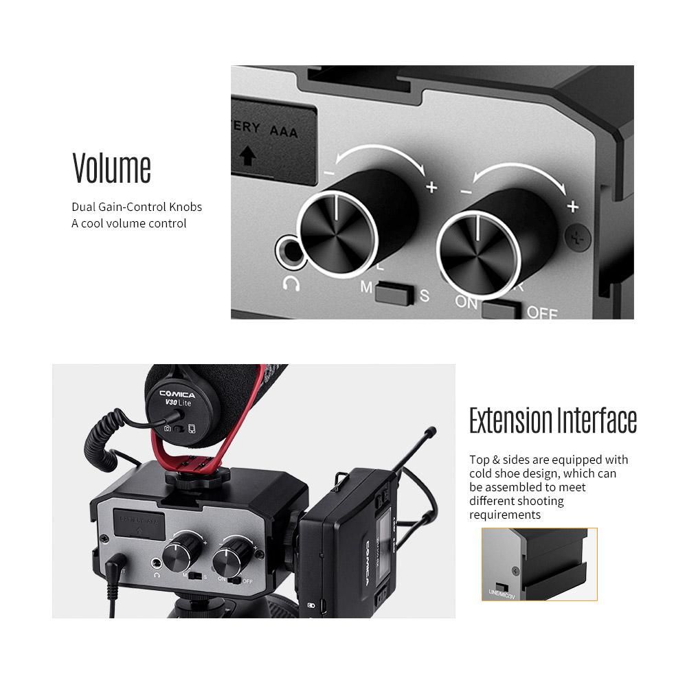 CoMica CVM-AX1 Audio Mixer Adapter Universal Dual Channel 3.5mm Port Mixer Support Real-time Monitoring Mono/Stereo Output Switch for DSLR Camera Camcorder for 3.5mm Positive & Passive Microphone