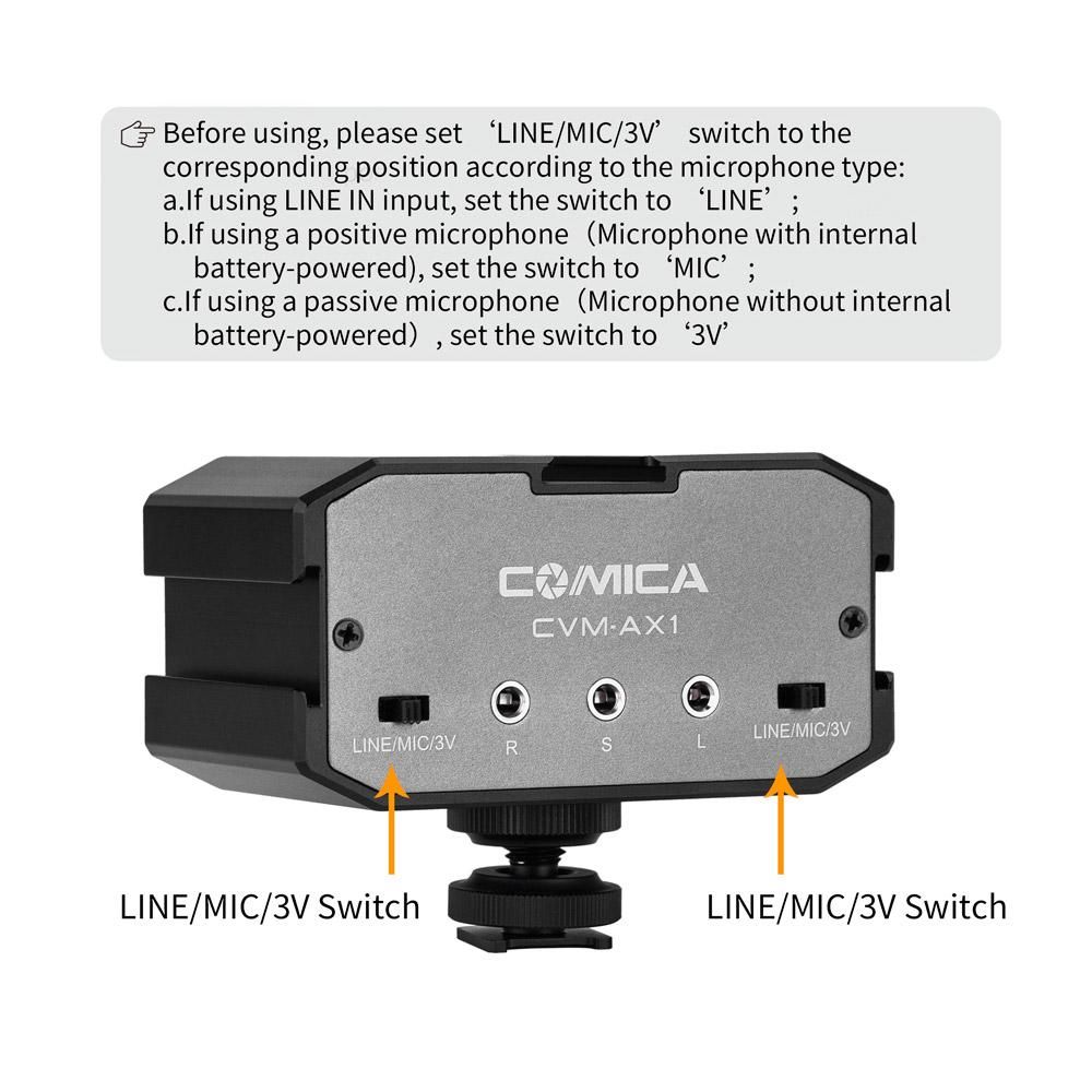 CoMica CVM-AX1 Audio Mixer Adapter Universal Dual Channel 3.5mm Port Mixer Support Real-time Monitoring Mono/Stereo Output Switch for DSLR Camera Camcorder for 3.5mm Positive & Passive Microphone