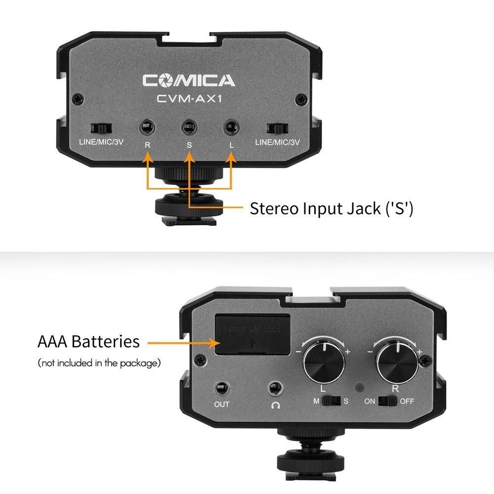 CoMica CVM-AX1 Audio Mixer Adapter Universal Dual Channel 3.5mm Port Mixer Support Real-time Monitoring Mono/Stereo Output Switch for DSLR Camera Camcorder for 3.5mm Positive & Passive Microphone