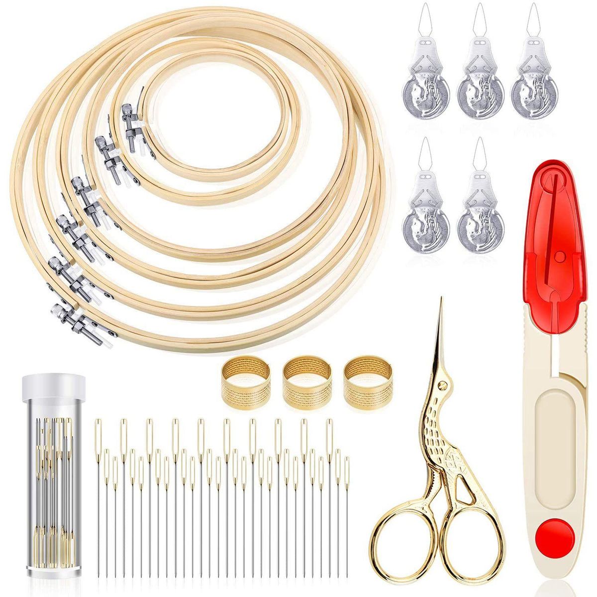 Cross Stitch Tool Embroidery Starter Kit,Bamboo Sewing Ring,Vintage Scissors,Stitch Needle Thread Tool Sewing Embroidery