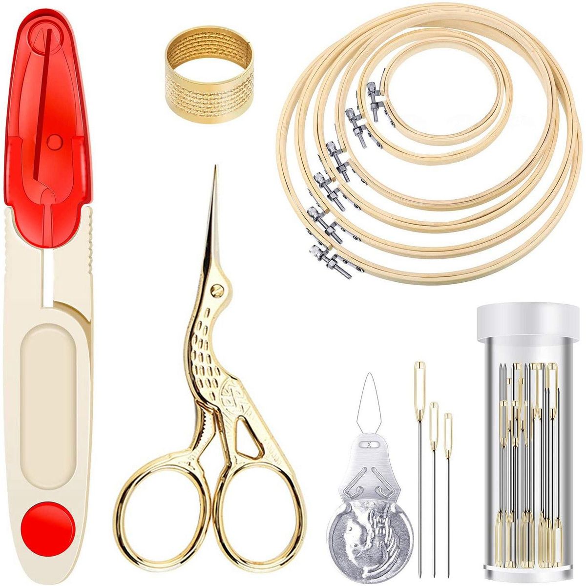 Cross Stitch Tool Embroidery Starter Kit,Bamboo Sewing Ring,Vintage Scissors,Stitch Needle Thread Tool Sewing Embroidery