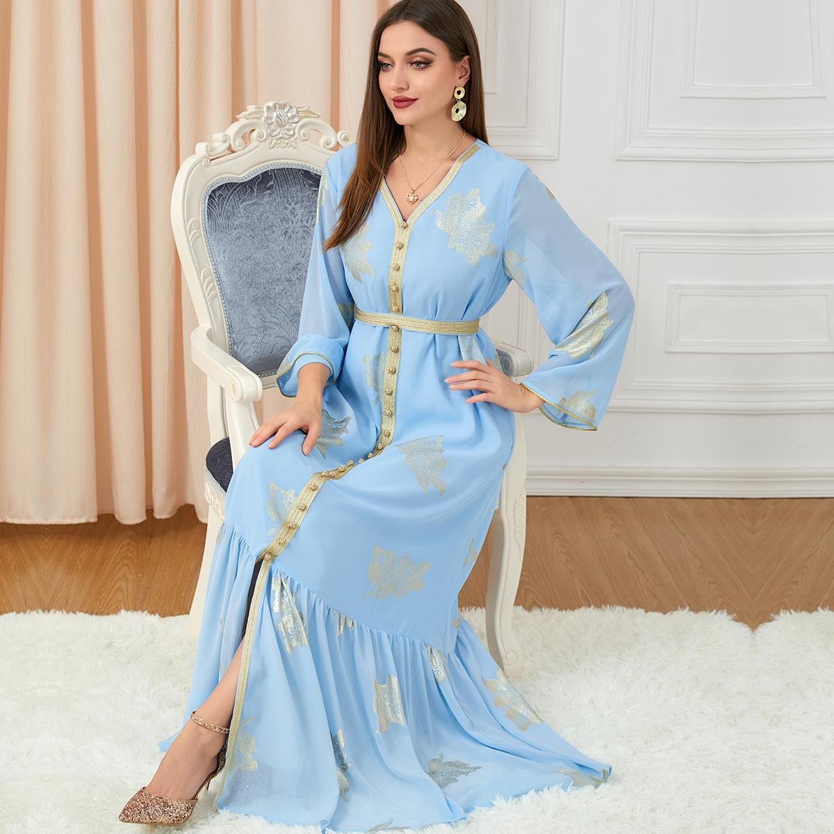 3203 Muslim women's wear autumn and winter women's wear early autumn dress long-sleeved printed
