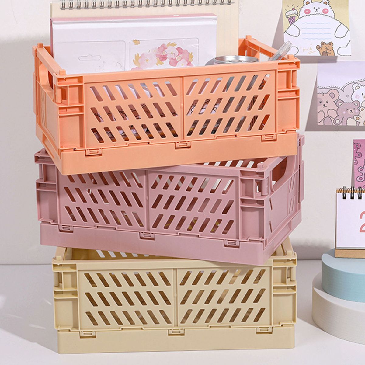 Storage Basket Collapsible Large Capacity Plastic-Pink