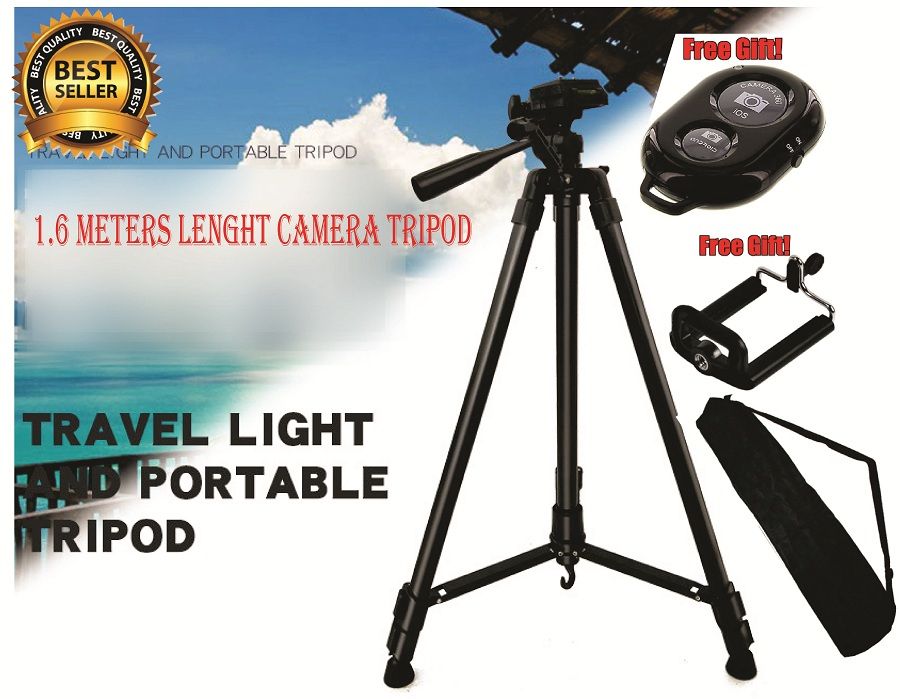 1.6M(5.24Ft) Top Quality Aluminum SLR DSLR Camera Lightweight Tripod With Bag,1 Free Phone Holder & 1 Blutooth Shutter/Camera Tripod.