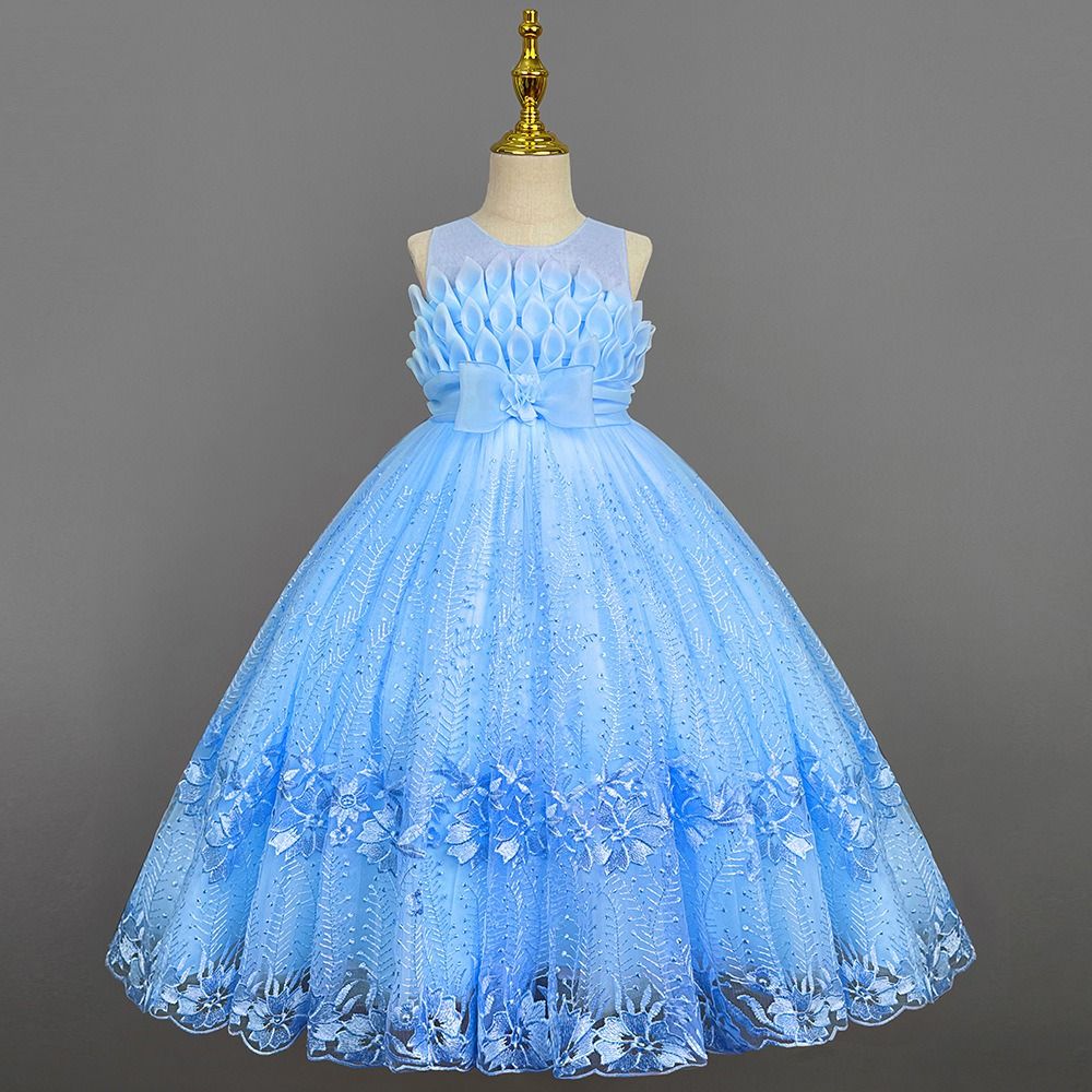 GIRL LUXURY FOLDED ROSES DESIGN LONG GOWN - SKYBLUE- G67