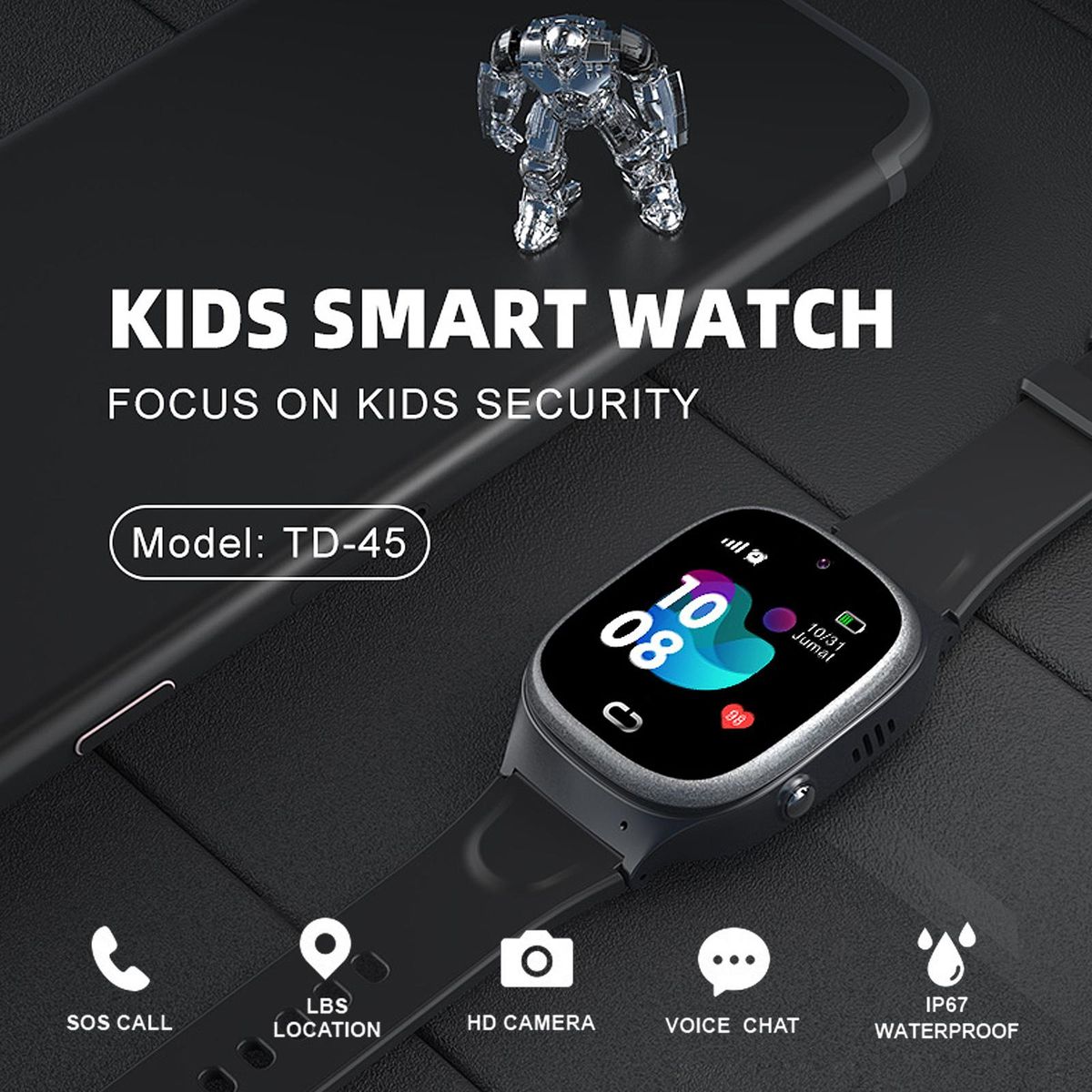 TD-45 2G Kids Smart Phone Watch Children Smartwatch SOS Call Voice Chat IP67 Waterproof with Nano SIM Card Slot LBS Location Camera Clock Silicone Strap Girls Boys Toys Gifts